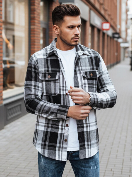 Pánska čierno-biela kockovaná flanelová košeľa FashionStreet DX2675 XL