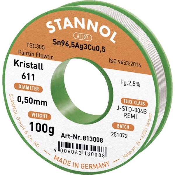 Stannol Kristall 611 Fairtin spájkovací cín bez olova bez olova Sn96,5Ag3Cu0,5 REM1 100 g 0.5 mm; 813008