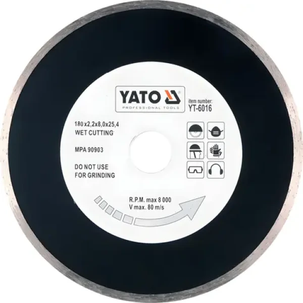 YATO Kotúč diamantový rezný 180x25, 4 mm hladký / Mokré rezanie / Keramika, sklo, porcelán / Max. 8000 ot/min (YT-6016)