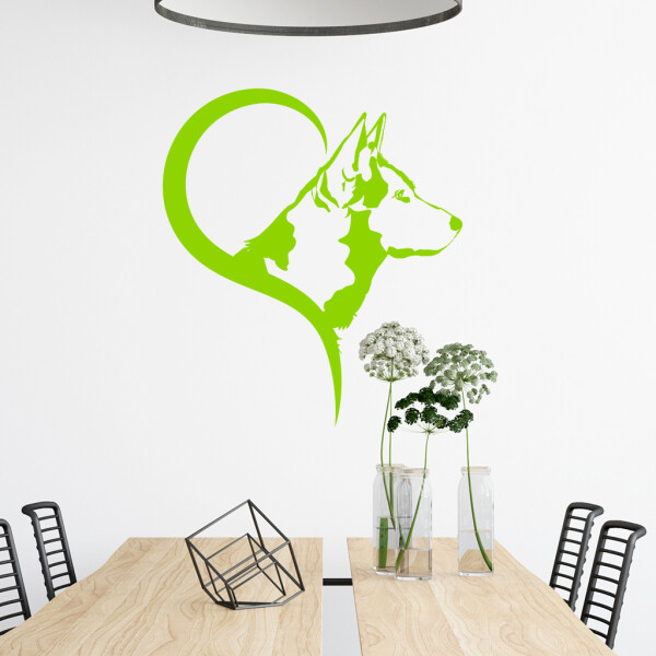 Veselá Stena Samolepka Husky v srdci Farba: zelená, Veľkosť: 80 x 91 cm