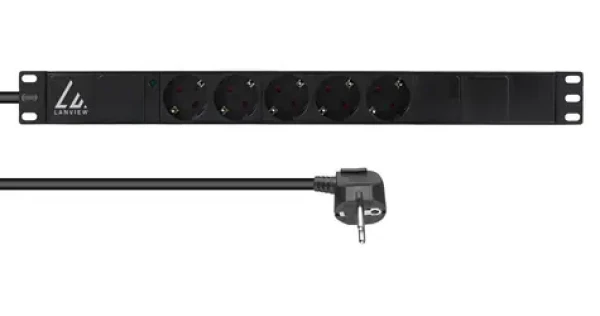 Lanview Rozvodný panel 19" 5x Schuko čierny / Rozvodný panel / 1U / 16 A / 3 m (LVR-3MSCH-LIC-SCH5)