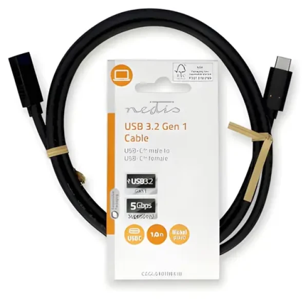 Nedis USB-C predlžovací kábel 1 m čierny / Kábel USB / USB 3.2 Gen 1 / 60 W / 5 Gbps (CCGL64010BK10)