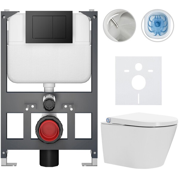 CERANO - Závesné WC s bidetom Basic/Cronus Standard - biela lesklá - WC tlačidlo Maxio/Čierna - závesné - nízky modul - predstenová inštalácia - 59,3x38,4 CER-8050BD86444