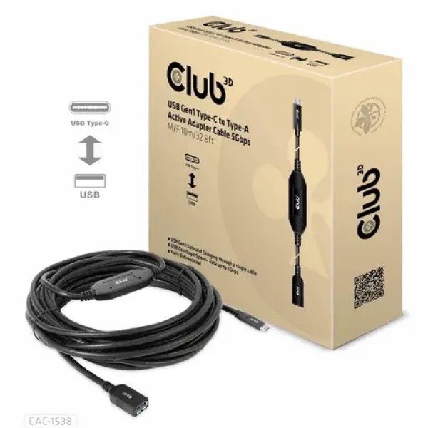 Club3D CAC-1538 kábel USB-C na USB-A M/F čierna 10m / 5Gbps / dopredaj (CAC-1538)
