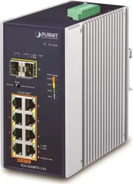 Planet Switch priemyselný 8- Port PoE+ / Switch / 8x Gigabit PoE+ 802.3at / 2x SFP / DIN lišta / IP30 / -40 až 75 °C (IGS-1020PTF-12V)
