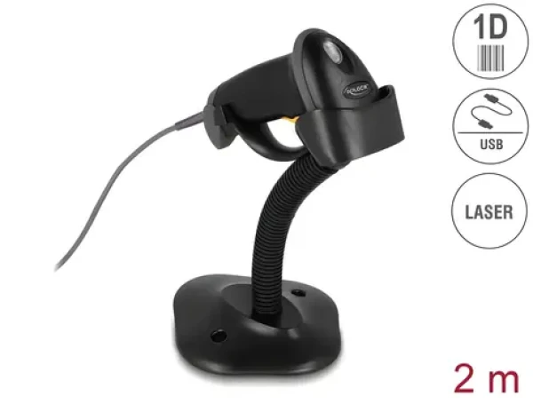 DeLock USB čítačka čiarových kódov 1D čierna / Čítačka čiarových kódov / Laser / S káblom a stojanom (90584)