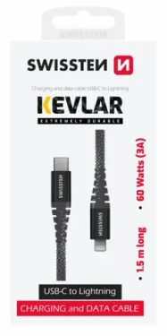 Swissten KEVLAR dátový kábel USB-C - Lightning 1.5m šedá / 60W / 3A / 1x USB-C(M) / 1x Lightning(M) (71544010)