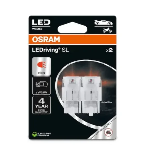 OSRAM LEDriving SL W21W 12V červená / 80lm / 2500K / 2500h / noDIM / A + / sklo mliečne / 2ks (7505DRP-2BL)
