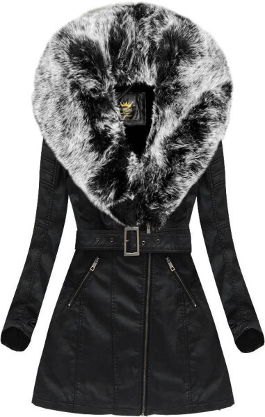 Čierno-sivý kabát z ekokože s kožušinovým golierom Libland (LD-5518) odstíny černé XL (42)