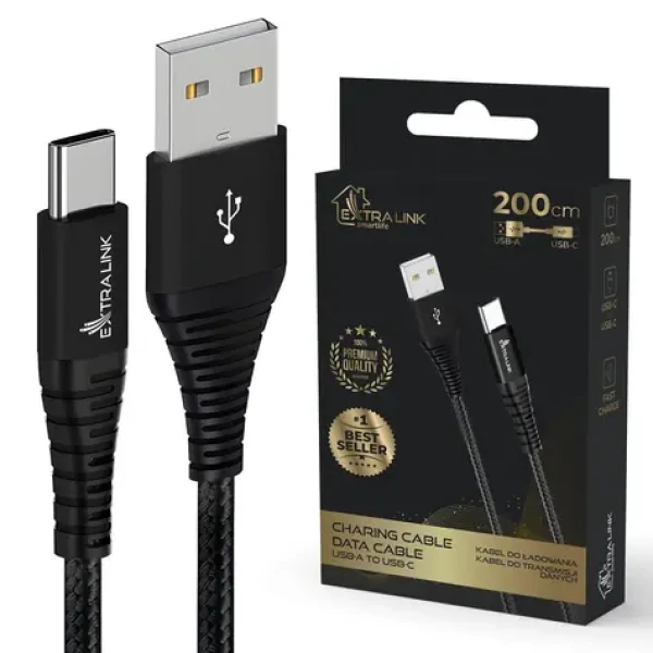 Extralink SMART Life čierna / USB kábel / USB-A - USB-C / 2 m / 15W / pletený nylon (CABESL01)