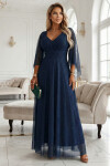 655-3 Dlhé ľahké trblietavé šaty s výstrihom a priehľadnými rukávmi - tmavomodré UNI