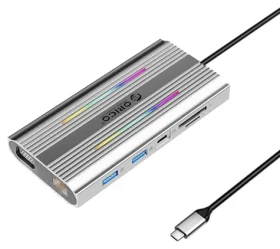 Orico USB-C hub 12v1 RGB šedá / USB-C hub / PD 100W / 2x HDMI 4K 60Hz / VGA / RJ45 Gigabit (ORICO-XDR-X1-SV-BP)