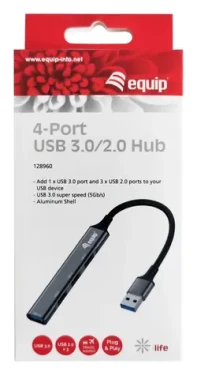 Equip USB Hub 4 porty čierna / USB hub / 1× USB-A 3.2 Gen 1 + 3× USB-A 2.0 / 5 Gb/s / hliník (128960)