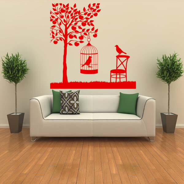Veselá Stena Samolepka Vtáčik v klietke Farba: červená, Veľkosť: 60 x 60 cm