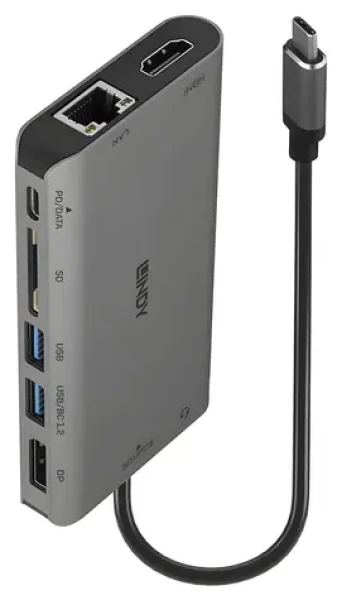 Lindy USB 3.2-C Mini Dock / Dokovacia stanica / USB-C / HDMI + DisplayPort / RJ-45 / USB-C PD 100W / čítačka kariet SD (43323)