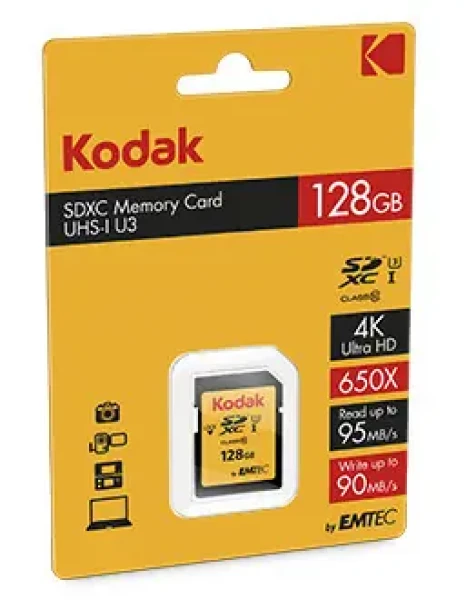 EMTEC Kodak SDXC 128GB / Class 10 / UHS-I / U3 / čítanie: 95MBs / zápis: 90MBs / vhodné pre 4K (EKMSD128GXC10HPRK)