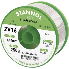 Stannol ZV16 spájkovací cín bez olova bez olova Sn99,3Cu0,7 REL0 250 g 1 mm; 576102