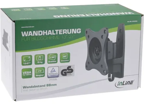 InLine Nástenný držiak TFT monitora čierna / Držiak na monitor / do 13" / nosnosť 15 kg / náklon -15 ° -15 ° (23107D)