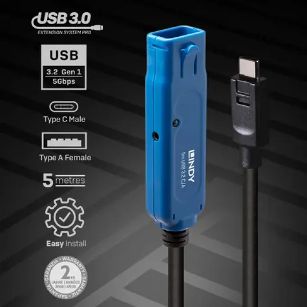 Lindy USB-C - USB-A aktívny predlžovací kábel čierna / Kábel USB / USB 3.2 Gen 1 / 5 m (43380)