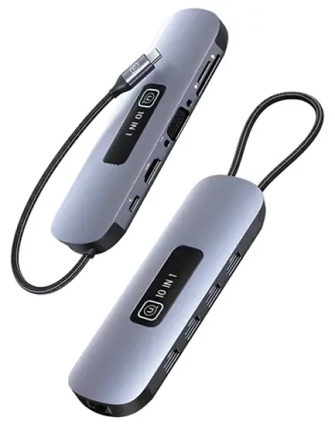 USAMS SJ644HUB01 sivá / USB-C hub 10v1 / 3x USB 3.0 / HDMI / RJ-45 / VGA / PD 100W (SJ644HUB01)