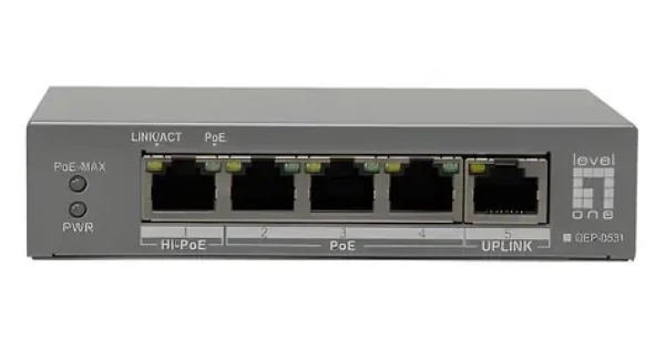 LevelOne GEP-0531 / Switch / Unmanaged / 5x GE / 4X PoE (3x PoE+, 1x Hi-PoE) / 60W PoE (GEP-0531)