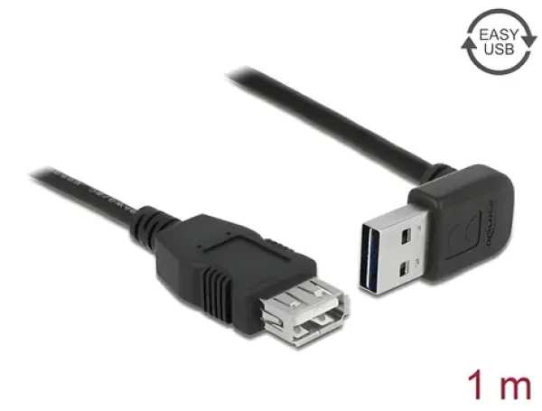 DeLock Easy USB 2.0 A (M) - A (F) kábel čierna / Predlžovací kábel / pravouhlý 90 ° / obojstranný konektor / 1m (83547)