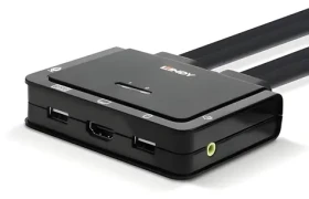 Lindy KVM prepínač 2 porty HDMI/USB-C/USB 2.0 čierna / KVM prepínač / 4K 60Hz / audio výstup / kábel 1,2 m (42347)