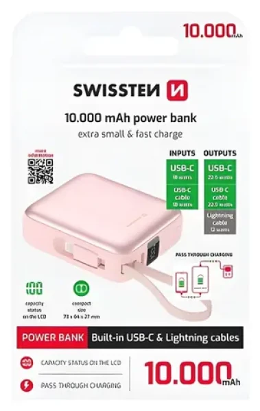 Swissten Space 10000 mAh ružová / Powerbanka s integrovanými káblami / USB-C + Lightning