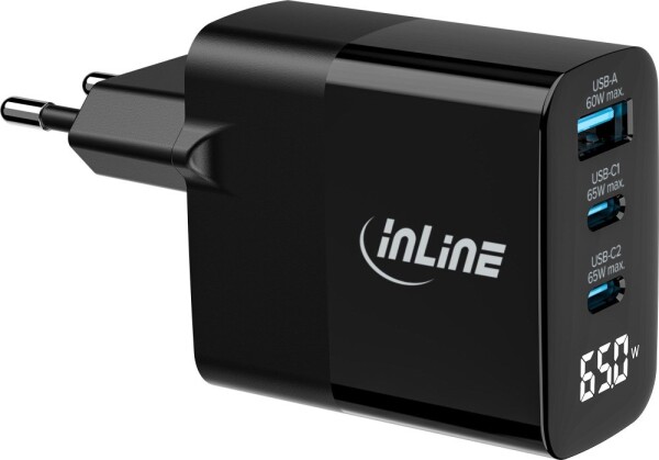 Manhattan InLine® USB PD Netzteil, GaN Ladegerät, 3-Port, USB-C + USB-A, 65W, mit Display