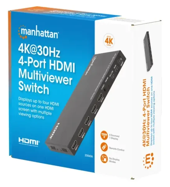 Manhattan 4K 30Hz 4- Port HDMI Multiviewer Switch / HDMI prepínač / 4 vstupy / 4K 30Hz / PiP / 7.1 audio (208406)