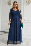 655-3 Dlhé ľahké trblietavé šaty s výstrihom a priehľadnými rukávmi - tmavomodré UNI