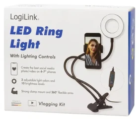 LogiLink LED Ringlight klip na telefón čierna / LED kruhové svetlo / 24 LED / O 8,5 cm / USB / max. 7 "displej (AA0150)
