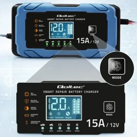 Qoltec Nabíjačka autobatérií 12V 15A / Nabíjačka / AGM/GEL/LiFePO4 / 9-stupňové nabíjanie / funkcia obnovy batérie (52666)