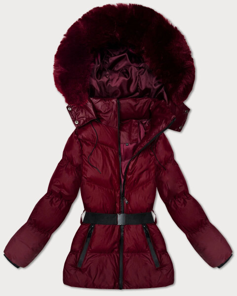 Zimná bunda vo vínovej farbe s kapucňou a opaskom J Style (5M3322-1) odstíny červené XL (42)