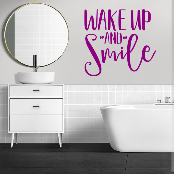 Veselá Stena Samolepka Nápis Wake up and Smile Farba: fialová, Veľkosť: 100 x 93 cm