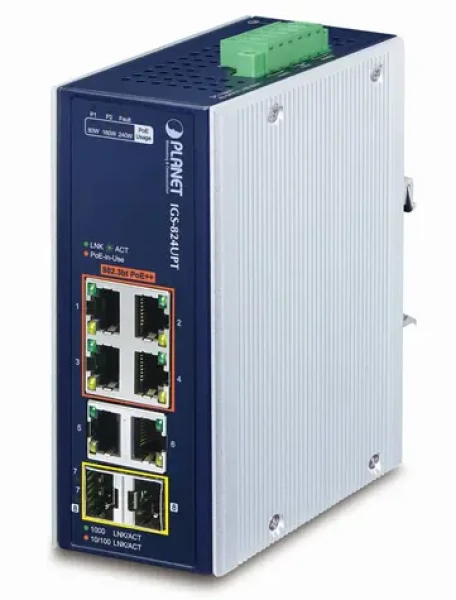 Planet IGS-824UPT / Switch priemyselný / 6x 1Gb RJ-45 / 2x 1Gb SFP / 4X PoE 802.3bt / IP30 (IGS-824UPT)