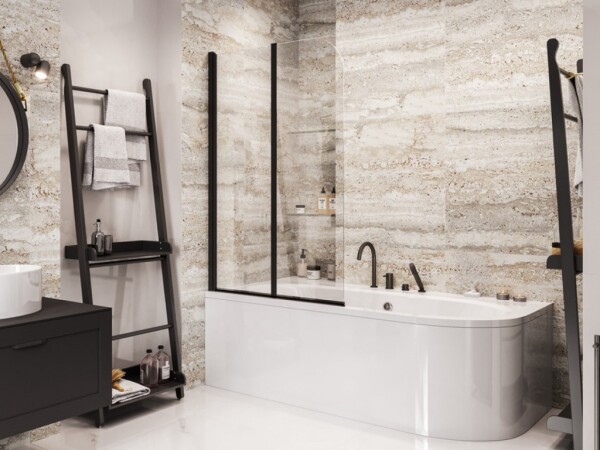 BESCO - Vaňová zástena PRIME 2 - FARBA rámu - Čierna, Rozmer A - 90 cm, Smer zatvárania - Univerzálny Ľavé / Pravé, Výplň - Číre bezpečnostné sklo - 5 mm BCPRIM90BC