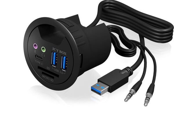 IcyBox IB-HUB1404A Stolný USB Hub s čítačkou SD/microSD čierna / 2x USB 3.0 amp; 1x USB-C / 60 mm káblová priechodka / audio (60304)