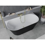 MEXEN/S - Oval Slim voľne stojaca vaňa nástenná 170 x 80, biela/čierna, sifón a prepad zlatá kartáčovaná 52661708075-55