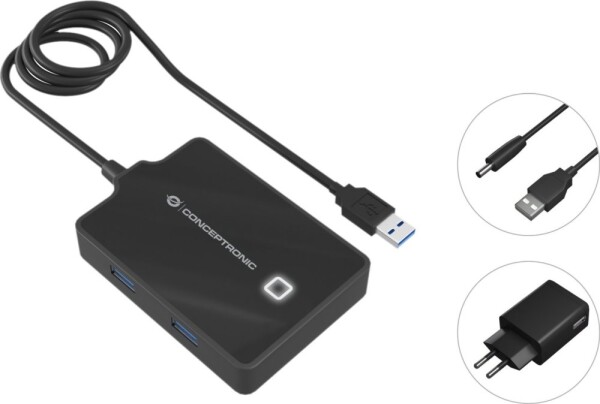 Conceptronic USB-Hub 4-Port 3.0 ->4x3.0 m.Netzteil sw