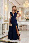 660-1 Elegantné maxi šaty s volánmi, hlbokým výstrihom a rozparkom na nohách - tmavomodré XL