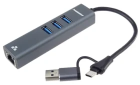PremiumCord adaptér USB-C/USB-A na Gigabit Ethernet + 3x USB strieborný / Adaptér / RJ45 10/100/1000 / USB 3.2 5Gbps (ku31ether06)