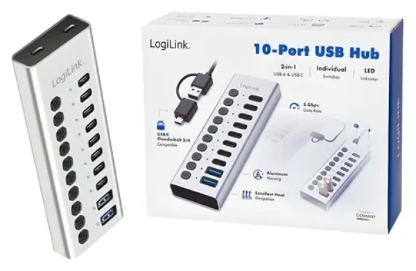 USB Hub 10 portov USB-A/C / USB rozbočovač / USB 3.2 / Prepínač zapnutie/vypnutie portov (UA0448)