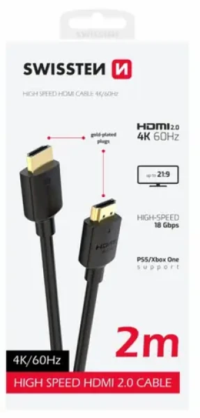 Swissten Kábel HDMI 2.0 (M) - HDMI 2.0 (M) 2m čierna / 18 Gbps / 4K / 60Hz / pozlátené kontakty (75501112)