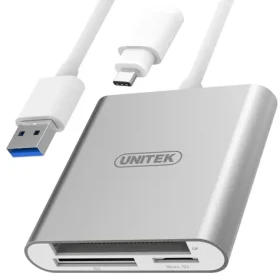 Unitek Y-9313D strieborná / Čítačka pamäťových kariet / USB 3.0 / CF, SDXC, microSD / adaptér USB-C (Y-9313D)