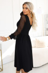 657-1 Elegantné midi šaty s obálkovým výstrihom a tylovými rukávmi - čierne M