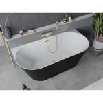 MEXEN/S - Oval Slim voľne stojaca vaňa nástenná 170 x 80, biela/čierna, sifón a prepad zlatá 52661708075-50