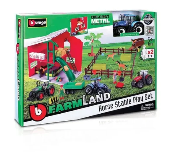 Bburago FARMLAND Set Stajňa s koňmi a traktorom