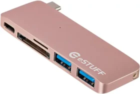 ESTUFF USB-C Hub ružová / 2 x USB 3.0 + 1 x USB C + čítačka SD-MicroSD (ES84121-ROSE)