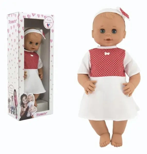 HAMIRO Bábika žmurkacia 50 cm, biele šaty s červenou bodkou